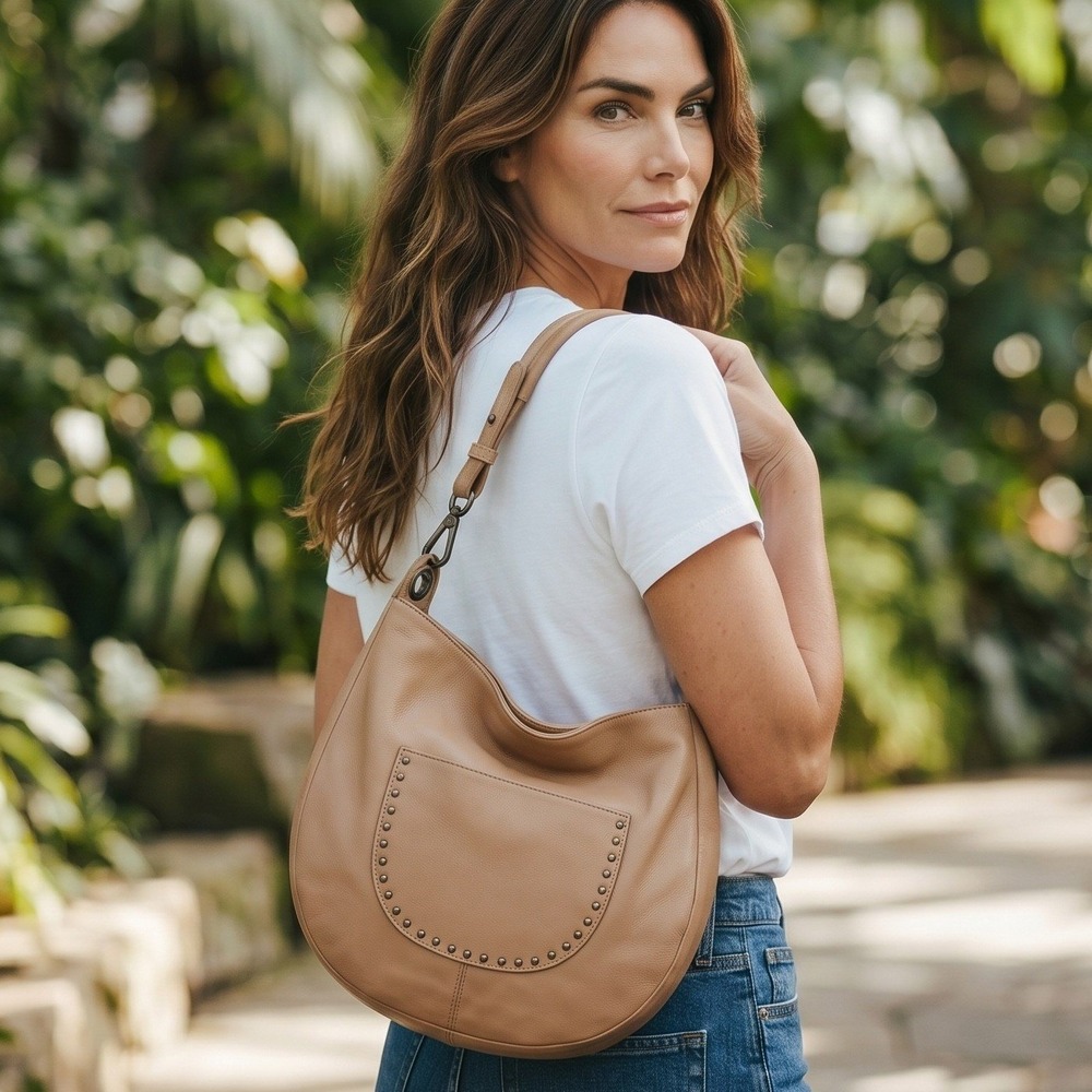 The Sak Zinnia Sahara Tan Pebbled Leather Studded Hobo Bag Slouchy Shoulder Bag